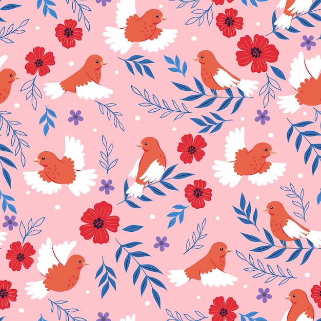Seamless pattern with red canary birds and flowers