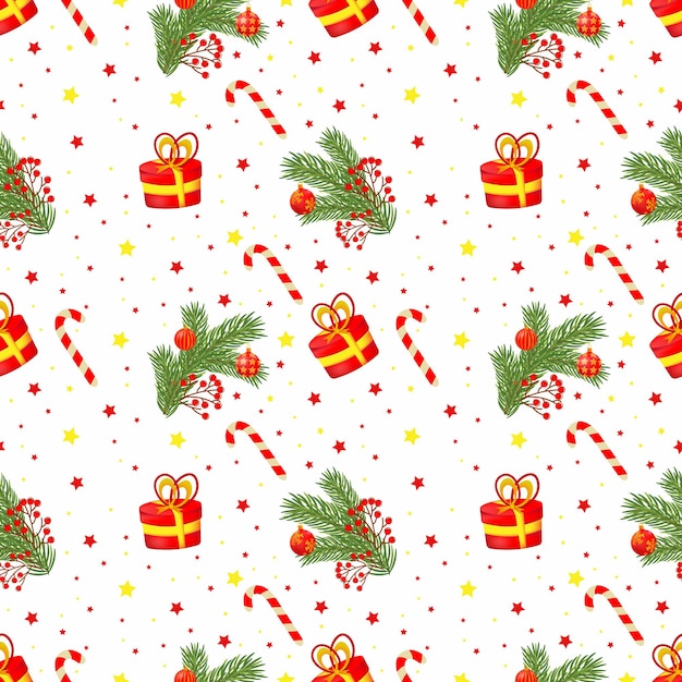 Seamless pattern with red christmas tree gifts on white background
