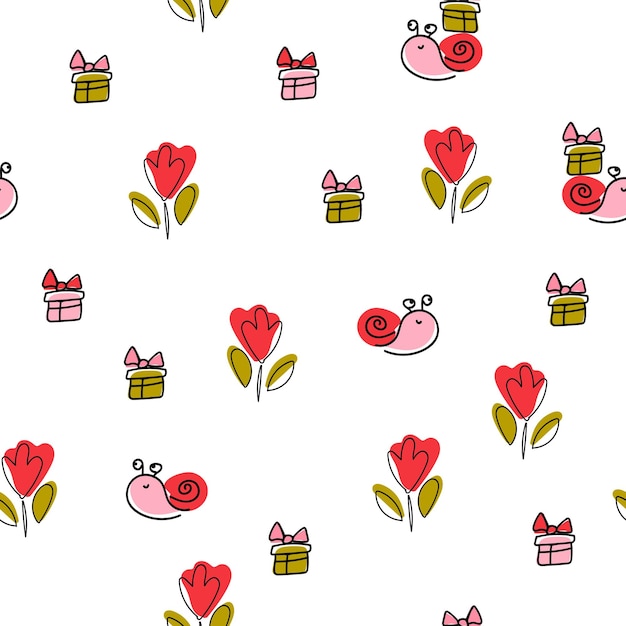 Seamless pattern with red flower snail and gift A vibrant vector floral pattern in bright and cheerful colors perfect for summer and spring designs