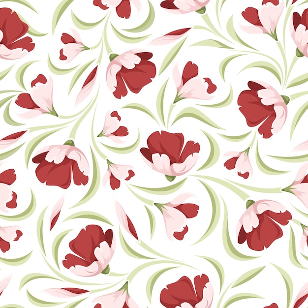 Seamless pattern with red flowers and green leaves on a white background