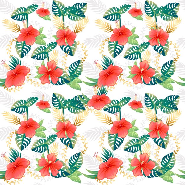 Seamless pattern with red flowers and green tropical leaves flat vector illustration on white background