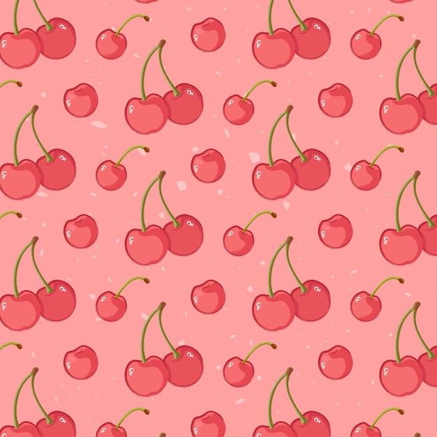 Seamless pattern with red Grunge Cherries on pink backdrop. Cherry pattern for any use. Vector