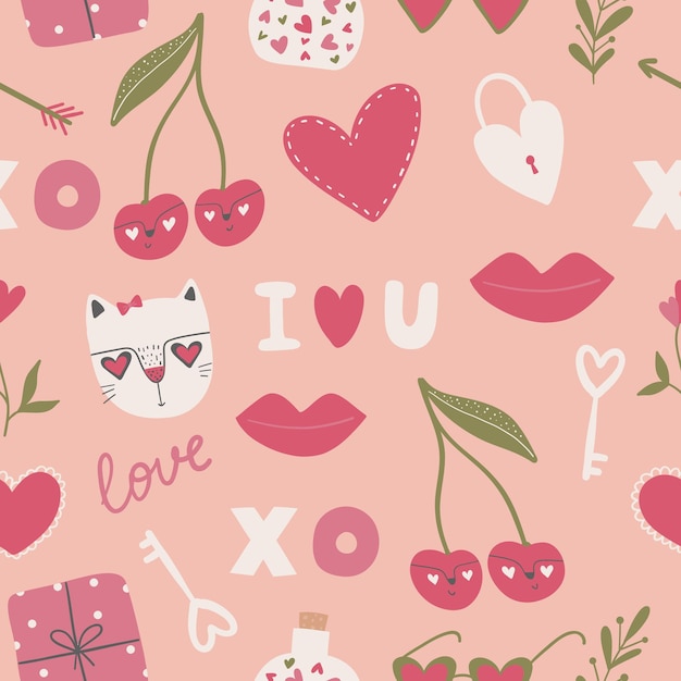 Vector seamless pattern with red hearts declarations of love and more valentine's day background with symbols of love romance and passion