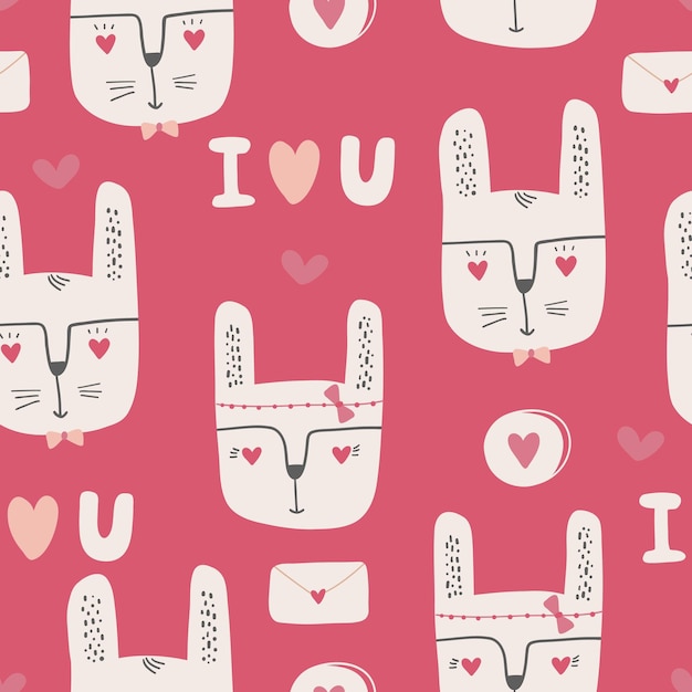 Seamless pattern with red hearts declarations of love and rabbits Valentine's day background with symbols of love romance and passion