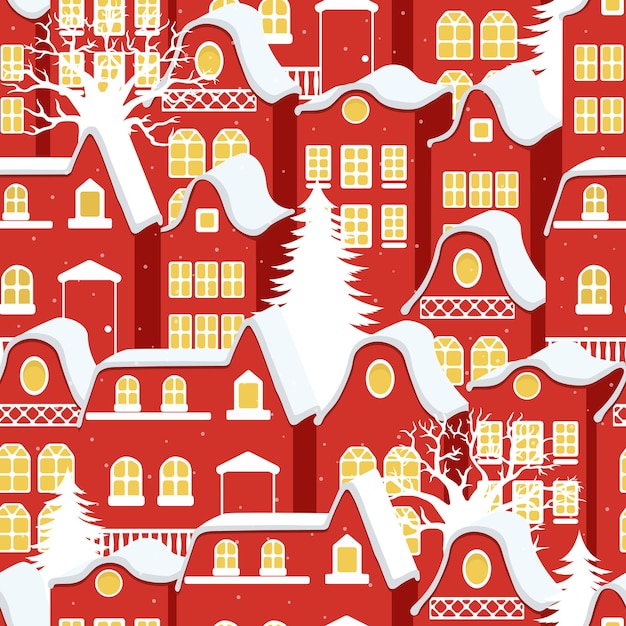 Seamless pattern with red houses and Santa Claus Christmas and New Year holidays