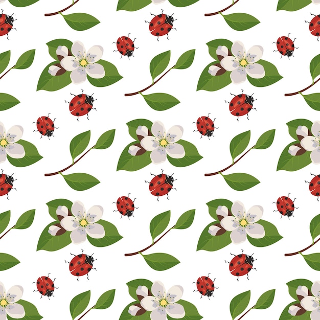 Seamless pattern with red ladybug and cherry flowers on branch with leaves on background Print of spring decoration flowering fruit tree plant Vector flat illustration