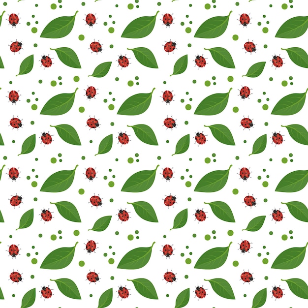 背景に赤いてんとう虫と緑の葉とのシームレスなパターン春の装飾の印刷ベクトルフラットイラスト