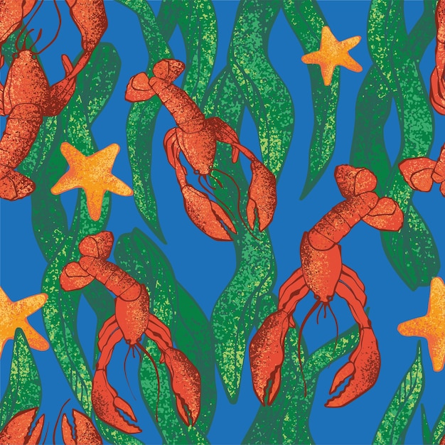 Seamless pattern with red lobsters seaweed and starfish Freehand drawing Color vector illustration