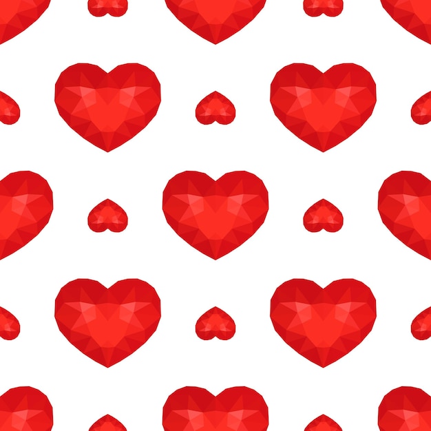 Seamless Pattern with Red Low Poly Heart Symbol of Love Vector illustration