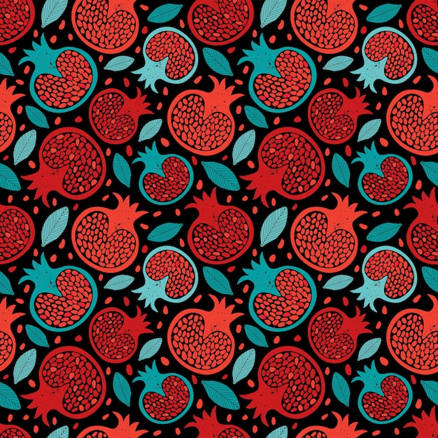 Vector seamless pattern with red pomegranate background with tropical fruits hand drawn illustration