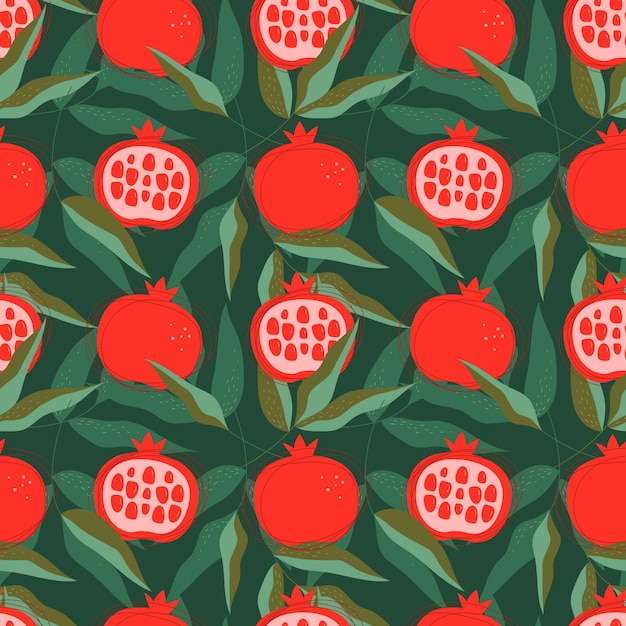 Seamless pattern with red pomegranates and green leaves