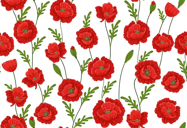 흰색 배경에 빨간 양 귀 비와 원활한 패턴 아름 다운 여름 꽃 벡터