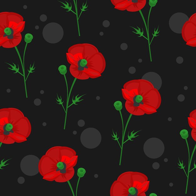 seamless pattern with red poppies vector, floral ornament with flowers and herbs, summer and spring