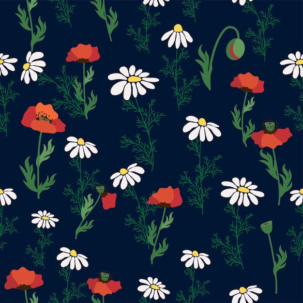 Vector seamless pattern with red poppies white chamomile flowers yellow rudbeckia summer flower field meadow print for textile fabric wrapping gift paper