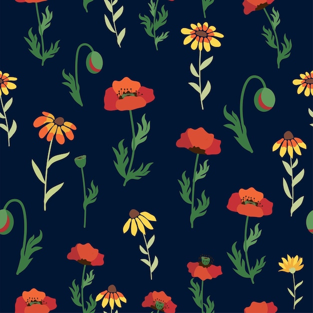 빨간 양귀비 흰색 카모마일 꽃 노란색 루드베키아 여름 꽃밭 초원과 원활한 패턴 섬유 직물 포장 선물 종이 인쇄