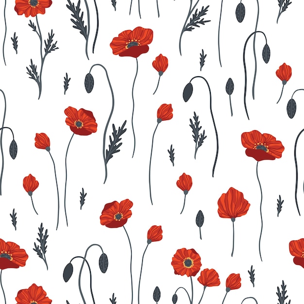 Seamless pattern with red poppy flowers and buds on white