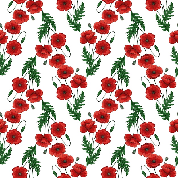 Seamless pattern with red poppy flowers and green leaves papaver ornate elegant summer background decor for anzac day endless texture for textile fashion packing