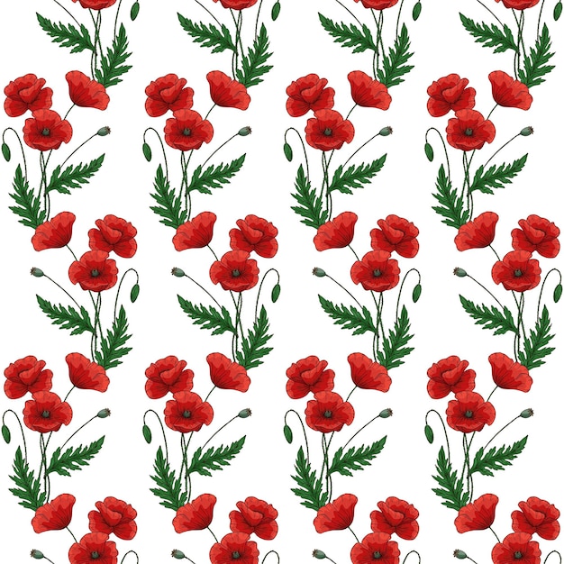 赤いポピーの花とのシームレスなパターン。 papaver。緑の茎と葉。手描きのベクトル図です。白い背景に。