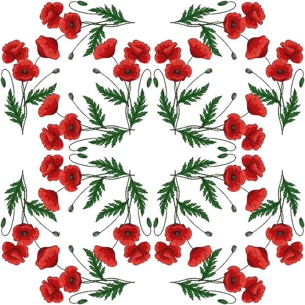 빨간 양 귀 비 꽃과 원활한 패턴 양귀비속 녹색 줄기와 잎 손으로 그린된 벡터