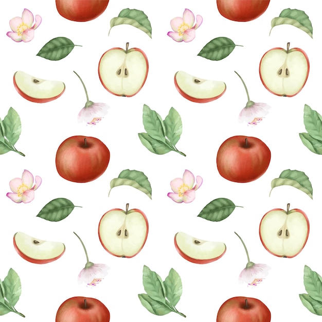 Seamless pattern with red ripe apples apple tree flowers and leaves