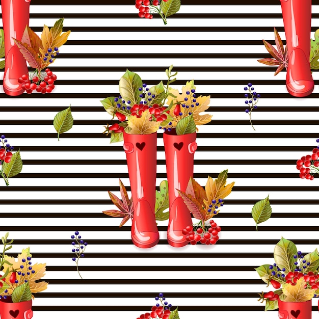 Vector seamless pattern with red rubber boots with autumn leaves and berries vector illustration