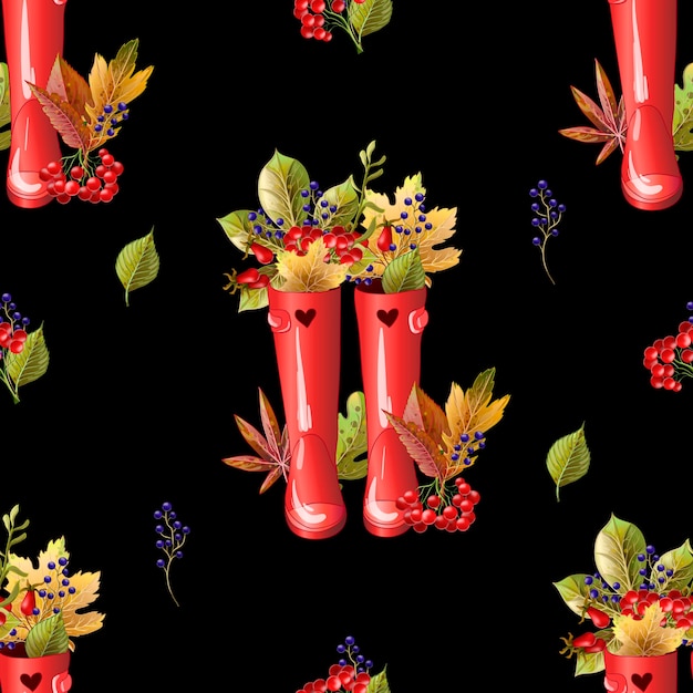 Vector seamless pattern with red rubber boots with autumn leaves and berries vector illustration