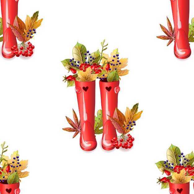 Seamless pattern with red rubber boots with autumn leaves and berries Vector illustration