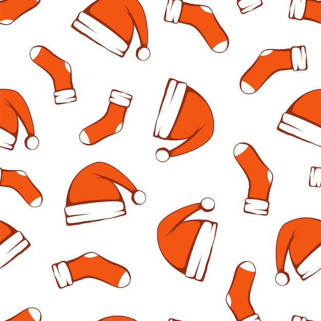 Seamless pattern with red Santa hat and socks. Christmas wear. Happy New Year vector illustration.