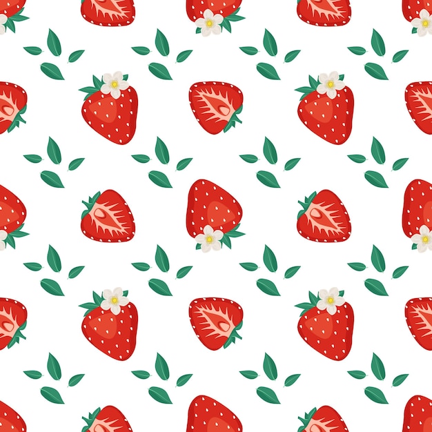 Seamless pattern with red strawberries, leaves and flowers. Cute summer or spring print. with berries Festive decoration for textiles, wrapping paper and design. Vector flat illustration