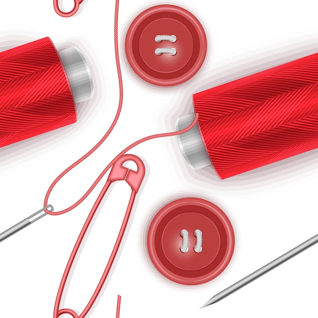 服の明るい色の質感のための赤い糸の赤いボタンの針とピンとのシームレスなパターン