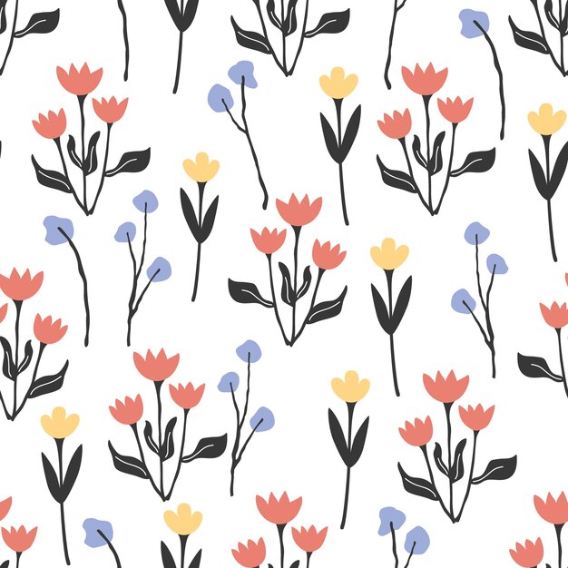 Seamless pattern with red and yellow flowers and purple branches Floral print on women39s clothing or wallpaper in the style of bohemian and retro