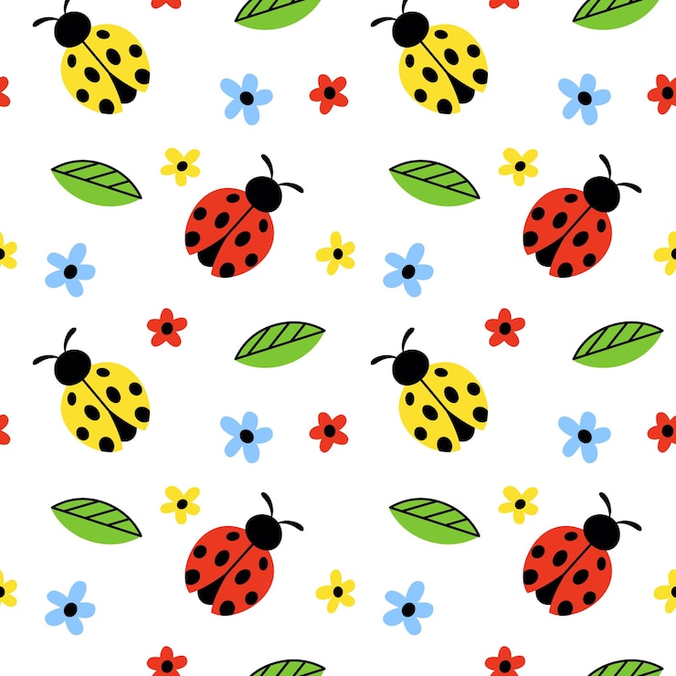 Vector seamless pattern with red and yellow ladybug flat style flower and leaves on white background