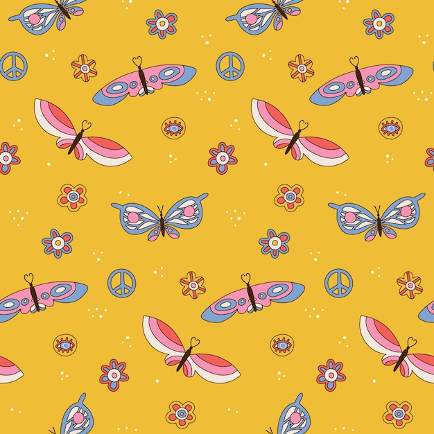 Seamless pattern with retro daisies butterflies and peace sign summer simple minimalist flower eleme