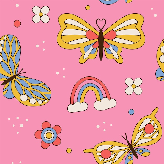 Бесшовный узор с ретро-ромашками, бабочками и радужными летними простыми минималистскими цветами