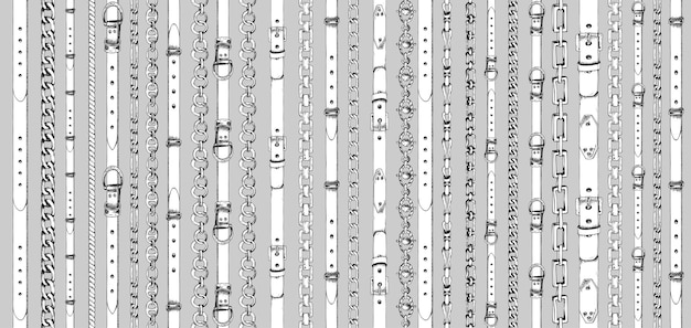 灰色の背景にレトロな手描きのスケッチ ベルト チェーンとのシームレスなパターン 図面彫刻イラスト ファブリック ファッション繊維装飾的なフレーム ヨット スタイル ポスターの素晴らしいデザイン