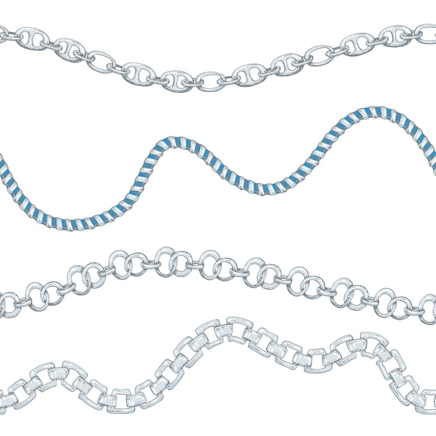 Vettore modello senza cuciture con catena d'argento schizzo disegnato a mano retrò su sfondo bianco disegno incisione trama grande design per la moda tessile cornice decorativa carta stile yacht