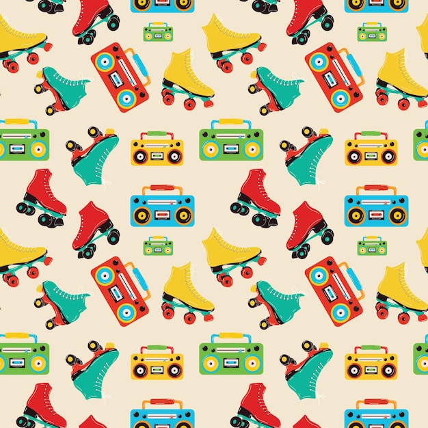 Vector seamless pattern with retro roller skates icon and boombox or radio cassette tape player