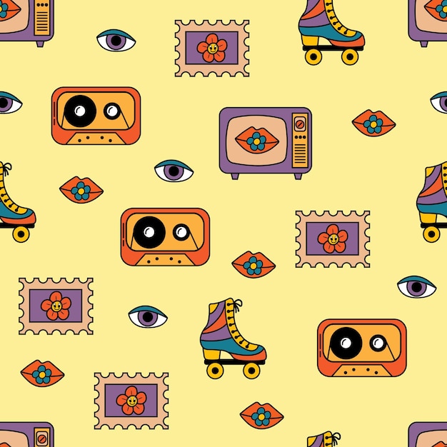 Seamless pattern with retro style. Cassettes, televisions, stamps, roller skates, eyes, lips.