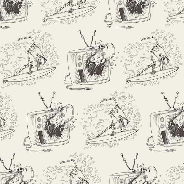 Seamless pattern with retro tv and man surfing in the sea