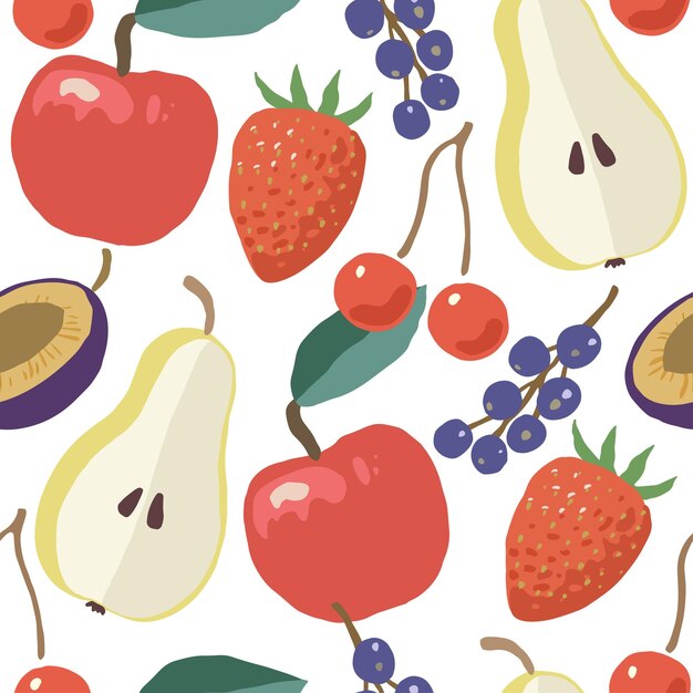 Seamless pattern with ripe juicy garden fruits apples cherries and pears Hand drawn vector illustration