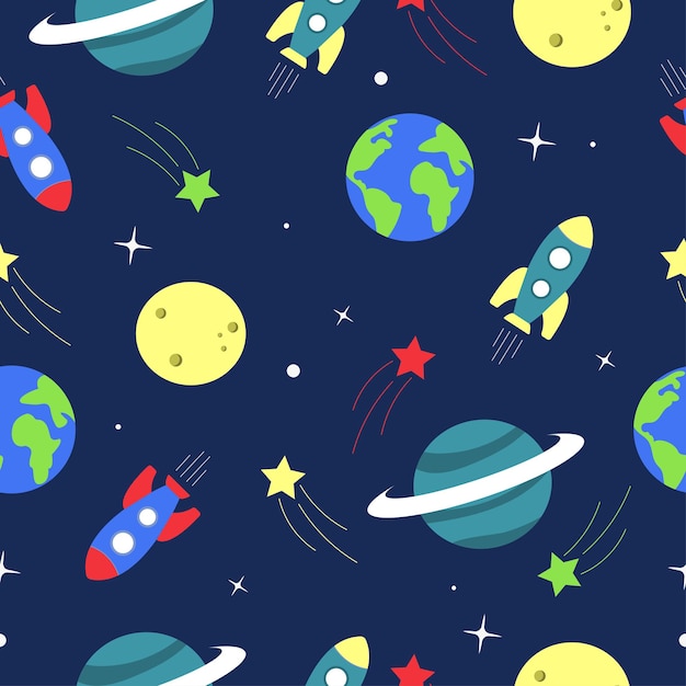 Seamless pattern with rocket planet on space