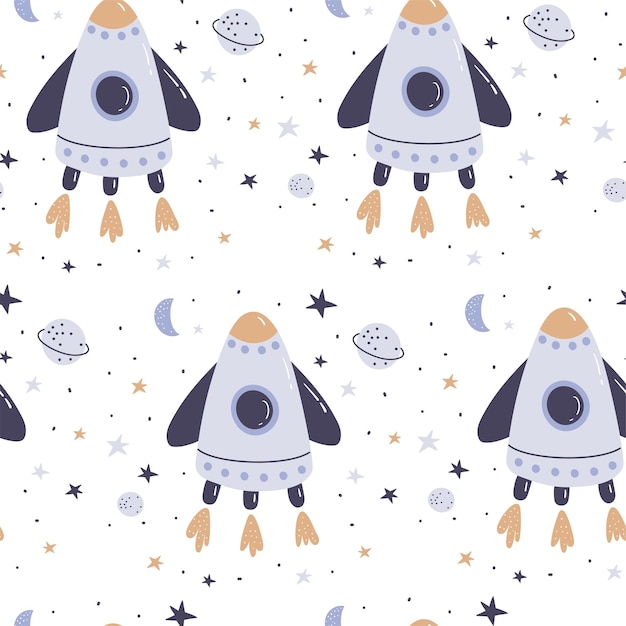 Seamless pattern with rocket in space and cute planet Vector illustration