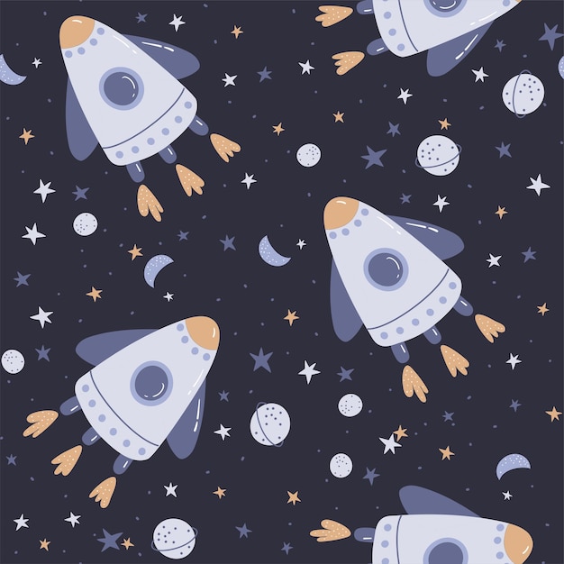 Seamless pattern with rocket in space and cute planet Vector illustration