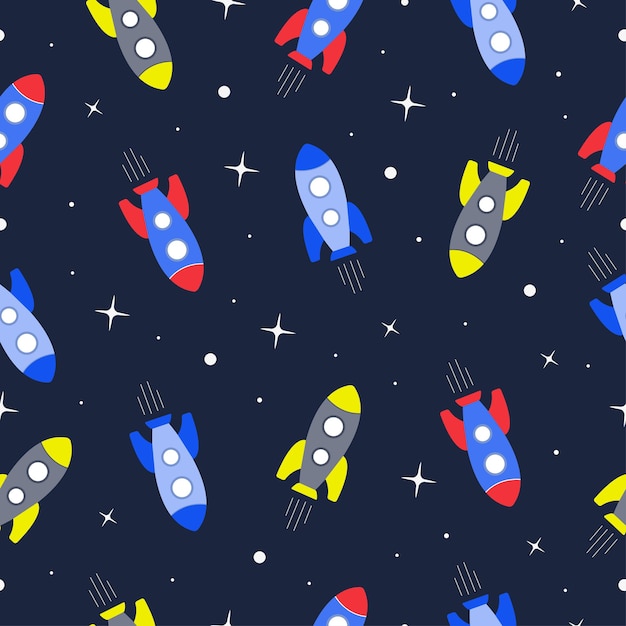 Seamless pattern with rocket on space