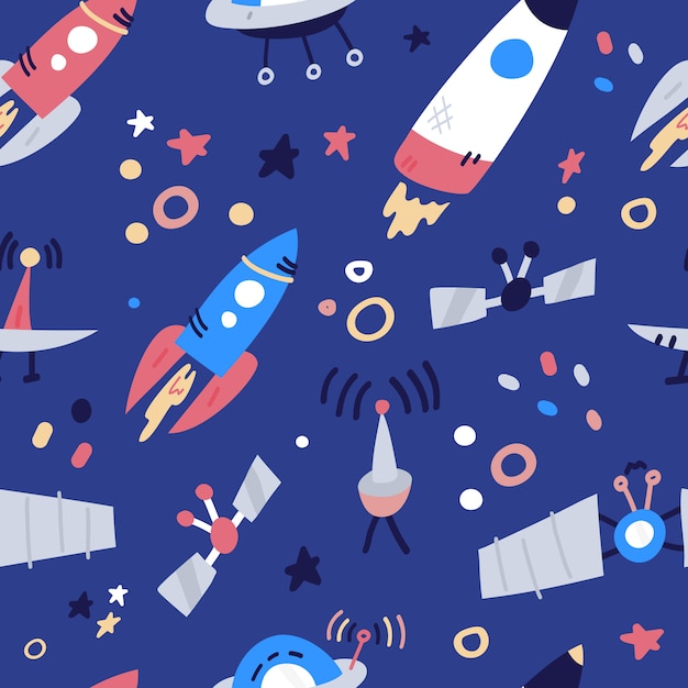 Seamless pattern with rockets, satellite, ufo, stars. cartoon
flat style cosmos kids background