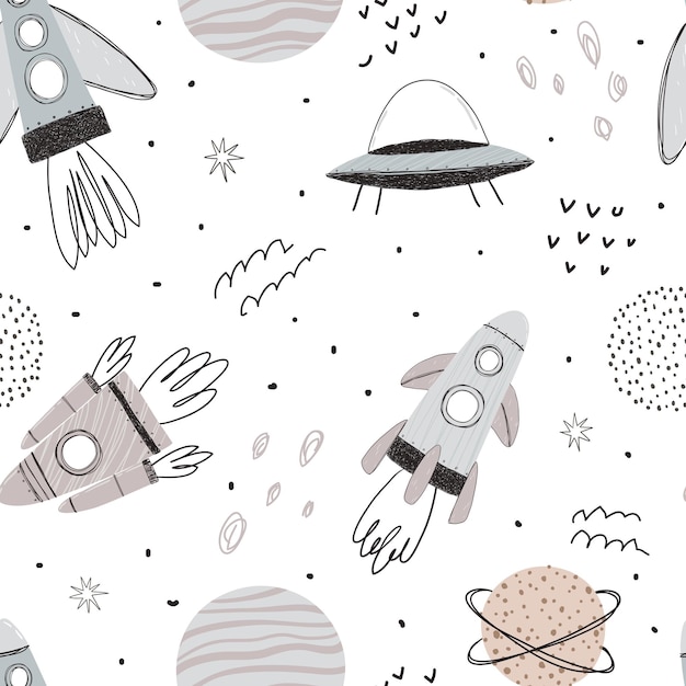 Seamless pattern with rockets and stars for children's textiles