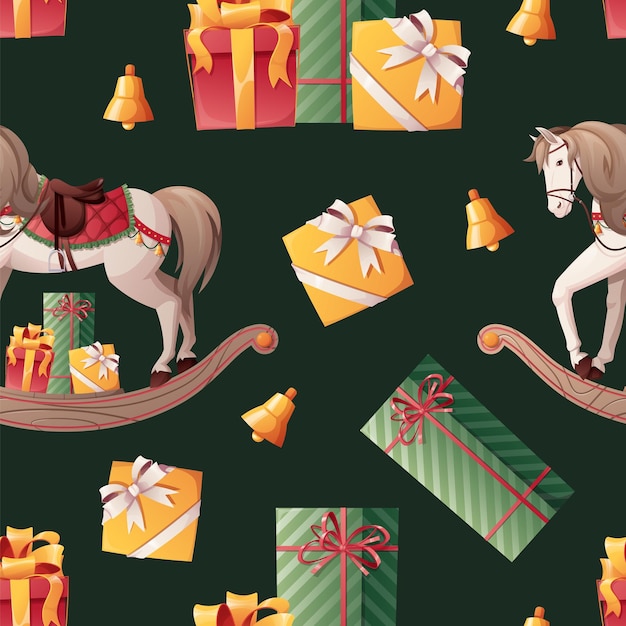 Modello senza cuciture con cavallo a dondolo e regali carta da regalo di natale per regali, sfondi, tessuti, decorazioni di capodanno