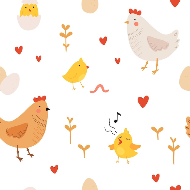 Seamless pattern with rooster hen and chicks Chicken with brood Cute lovely family of domestic fowl or poultry birds Childish flat cartoon vector illustration