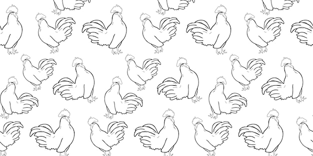 Seamless pattern with rooster or hen on a white background. Fresh. Poultry farm. Doodle, hand drawin