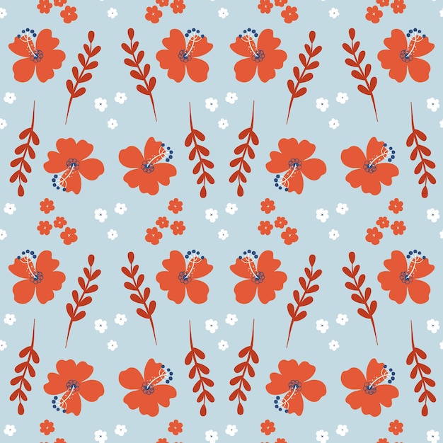 Seamless pattern with rose mallow flowers Beautiful Summer floral background Ethnic plant ornament